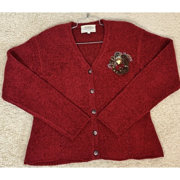 VTG Susan Bristol Embroidered Birds Nest Wool Blend Red Cardigan Sweater Size L - Picture 2 of 11